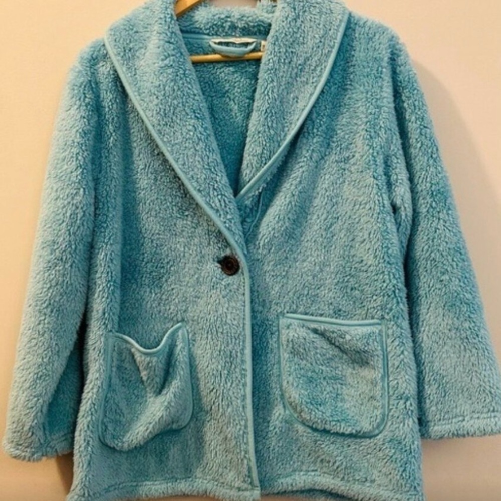 Soft Surroundings Teal Blue Cardi Robe Fleece Lounge Petite Small